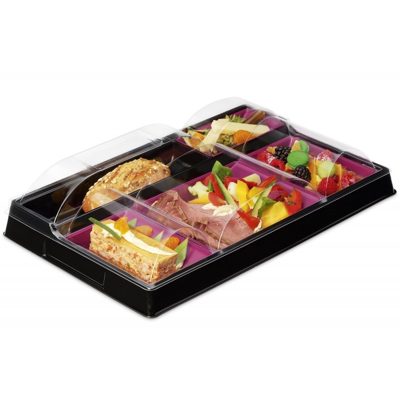 Kit Plateau Repas 5 Compartiments Noir et Prune + Couvercle Transparent