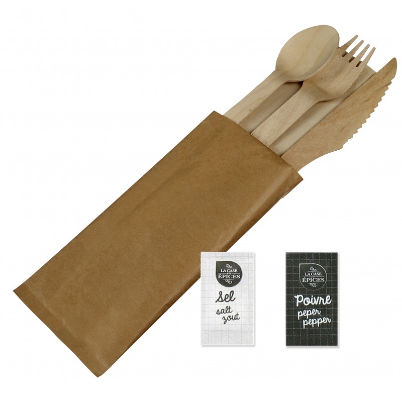 Kit couverts en bois 6 en 1 avec sachet de sel et de poivre.