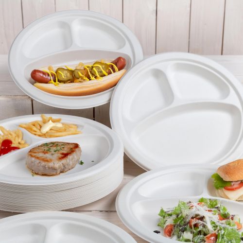 Assiettes canne à sucre, 3 compartiments, sans PFAS ø 26 cm (500 unités)