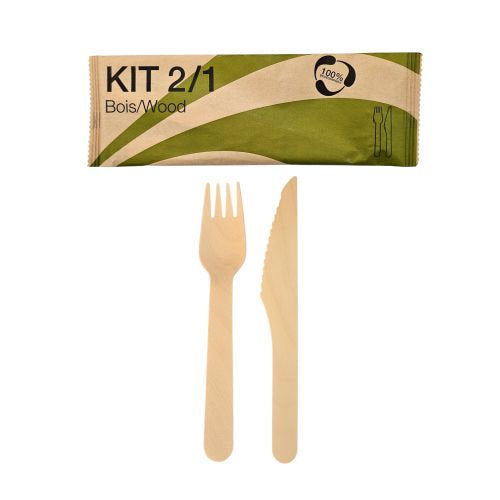 Sets couverts bois 2/1 sachet papier (fourchette, couteau) (500 unités)