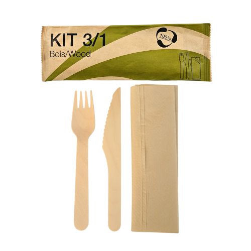 Sets couverts bois 3/1 sachet papier (fourchette, couteau, serviette) (500 unités)