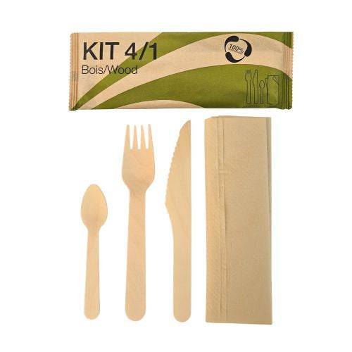 Sets couverts bois 4/1 sachet papier (couverts + serviette) (500 unités)