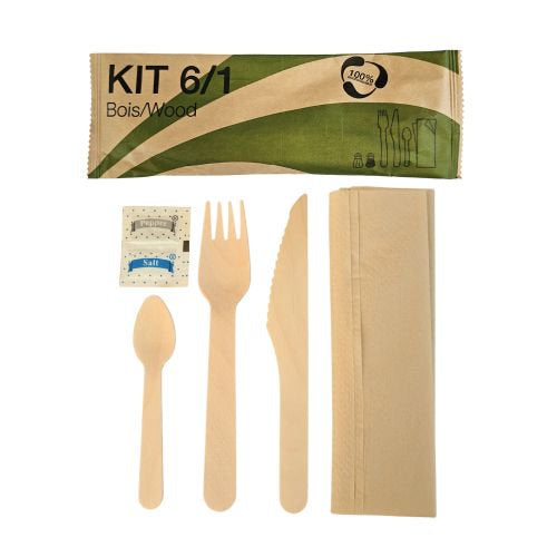 Sets couverts bois 6/1 sachet papier (couverts, sel, poivre, serviette) (500 unités)