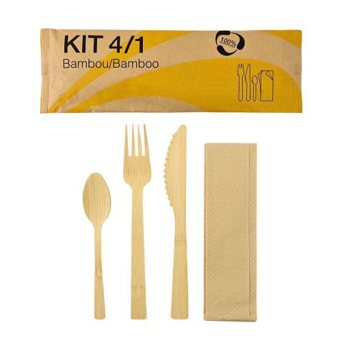 Sets couverts bambou 4/1 sachet papier (couverts + serviette) (500 unités)