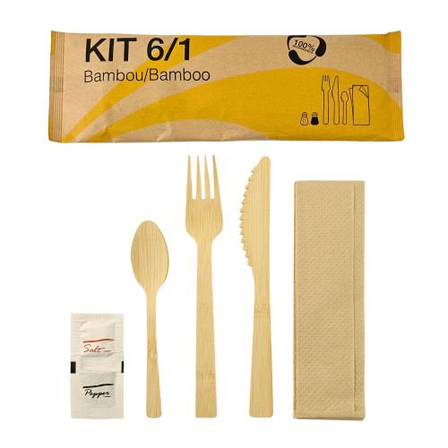 Sets couverts bambou 6/1 sachet papier (couverts, sel poivre, serviette) (500 unités)