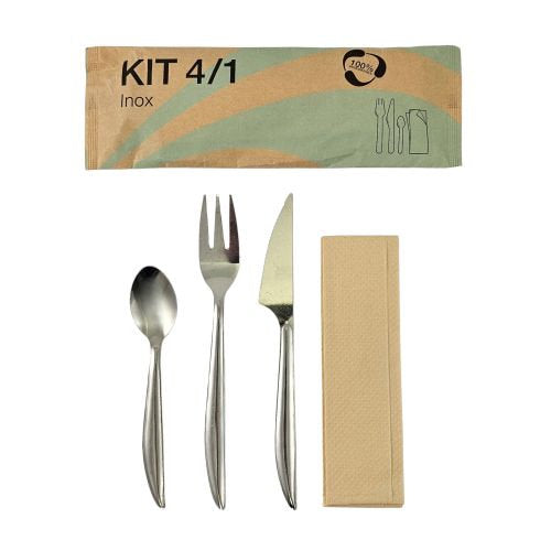 Sets couverts inox 4/1 sachet papier (couverts + serviette) (200 unités)